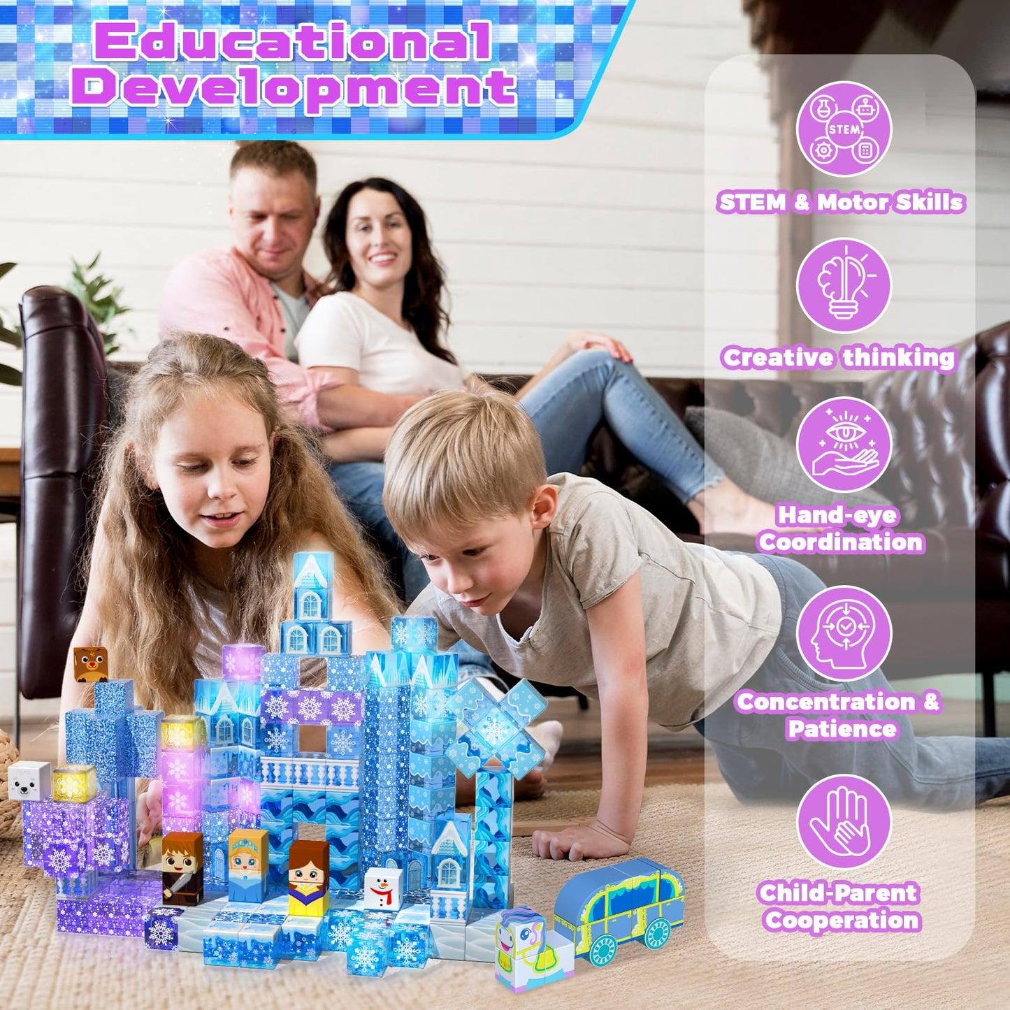 Magnetopia 200 PCS Magnetic Blocks with Light Up Blocks – Transparent Castle for Kids 3+