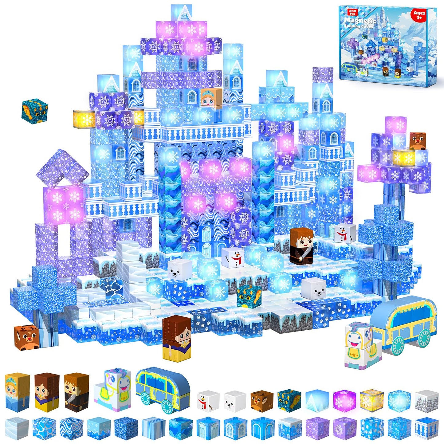 Magnetopia 200 PCS Magnetic Blocks with Light Up Blocks – Transparent Castle for Kids 3+
