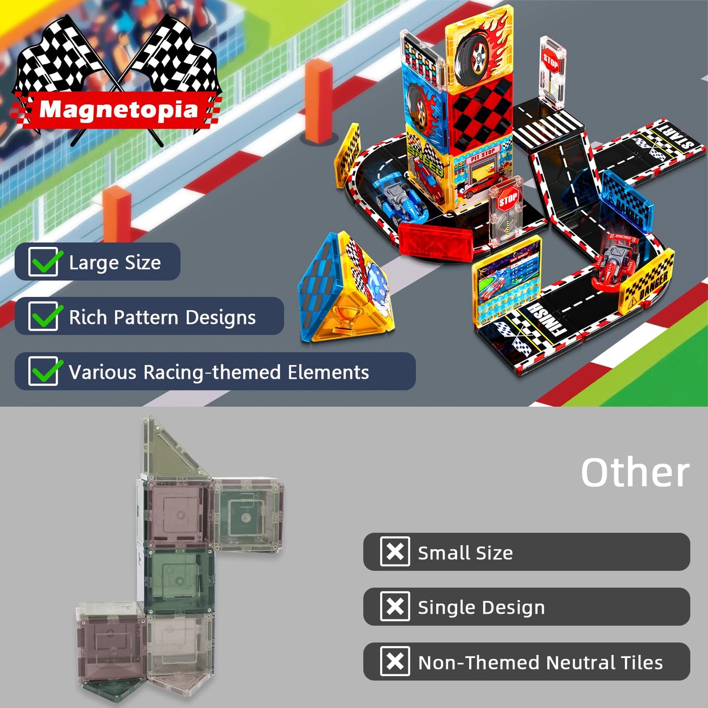 Magnetopia Magnetic Tiles Road Set – Race Track Toys for Kids 4–8 | STEM, Sensory Building Blocks