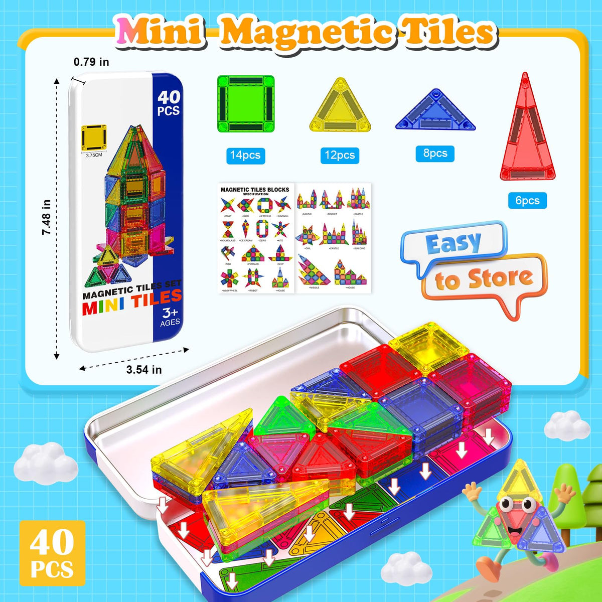 Magnetopia Mini Magnetic Tiles with Iron Box – 40 PCS Travel STEM Building Set for Kids 3-8