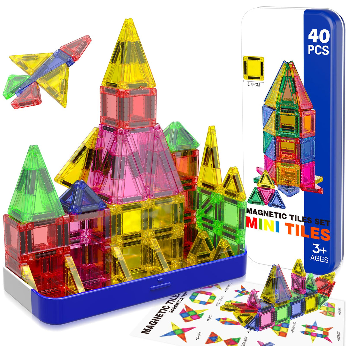 Magnetopia Mini Magnetic Tiles with Iron Box – 40 PCS Travel STEM Building Set for Kids 3-8
