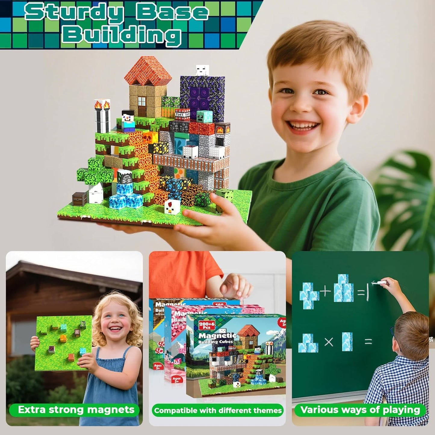 Magnetopia Magnetic Blocks 200PCS with 6 Base Plates – STEM Building Toys for Kids Aged 3-10