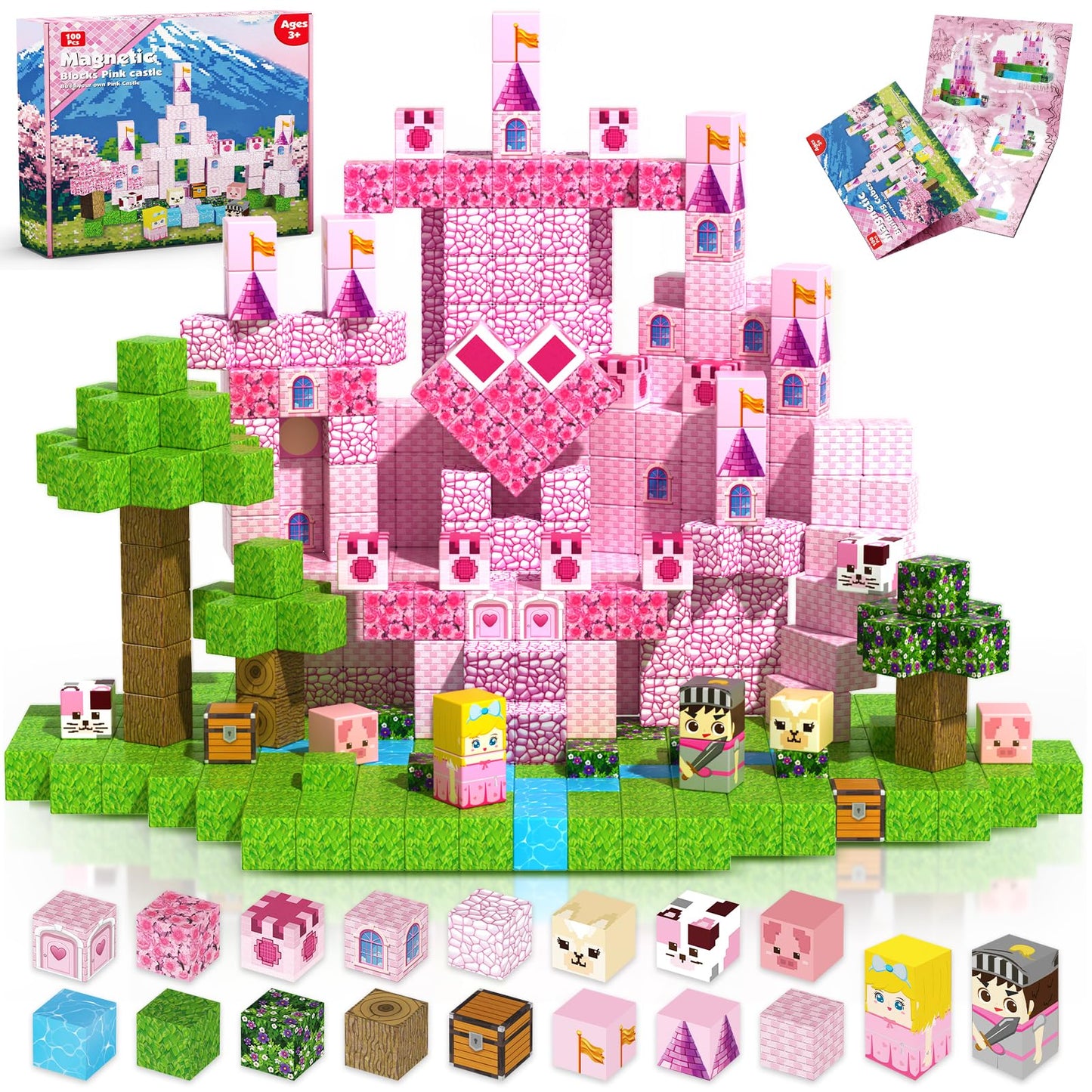 Magneverse Magnetic Blocks - 100-Piece Pink Princess Castle Set for Kids