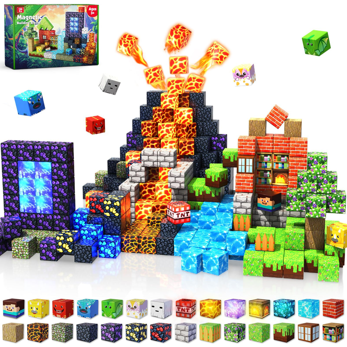 Magneverse 150 Pcs 0.8in Magnetic Blocks with 24 Light Blocks | Creative Magnetic Building Toys for Kids 3+