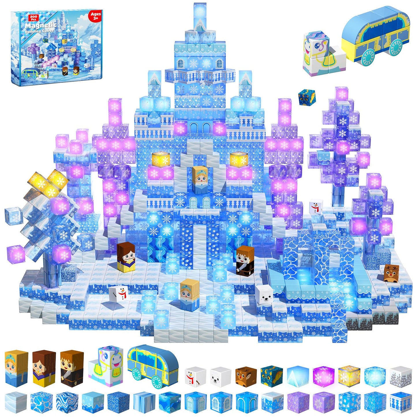 Magneverse 200Pcs Magnetic Blocks – Glow Transparent Building Blocks for Kids 3–12 (Frozen Castle Toy)