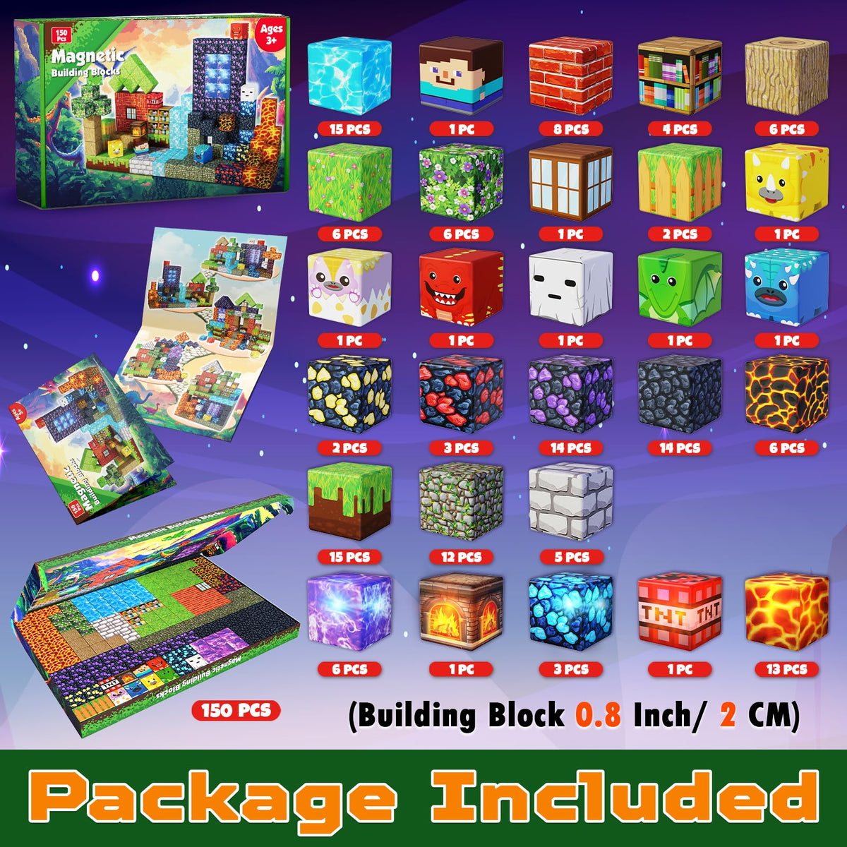 Magneverse 150 Pcs 0.8in Magnetic Blocks with 24 Light Blocks | Creative Magnetic Building Toys for Kids 3+