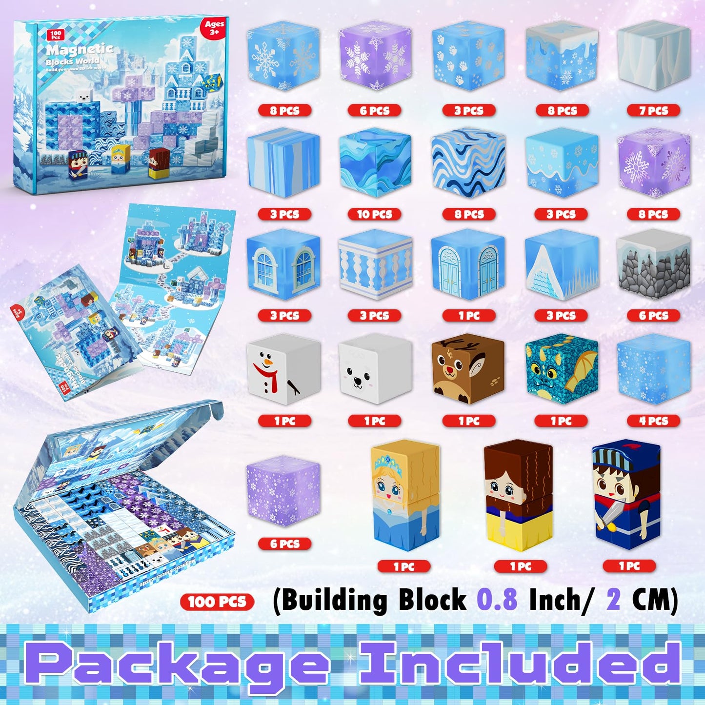 Magneverse Magnetic Blocks - 100Pcs 0.8in for Kids 4-8 | Transparent Ice Castle