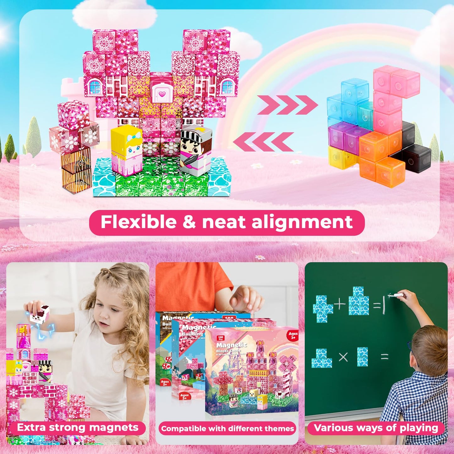 Magneverse Magnetic Blocks - 100 PCS Transparent Pink Castle for Kids