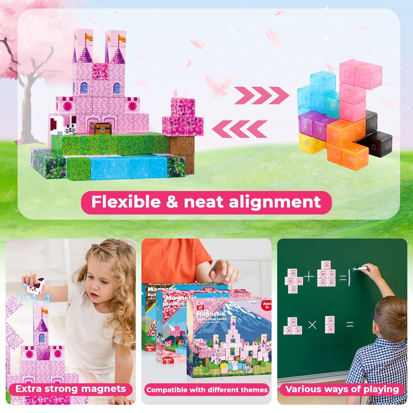Magneverse Magnetic Blocks - 100-Piece Pink Princess Castle Set for Kids