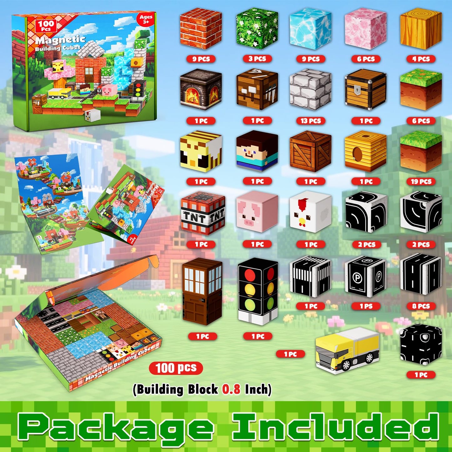 Magneverse 100 PCS 0.8in Magnetic Blocks – Forest Theme STEM Building Cubes for Kids 3+