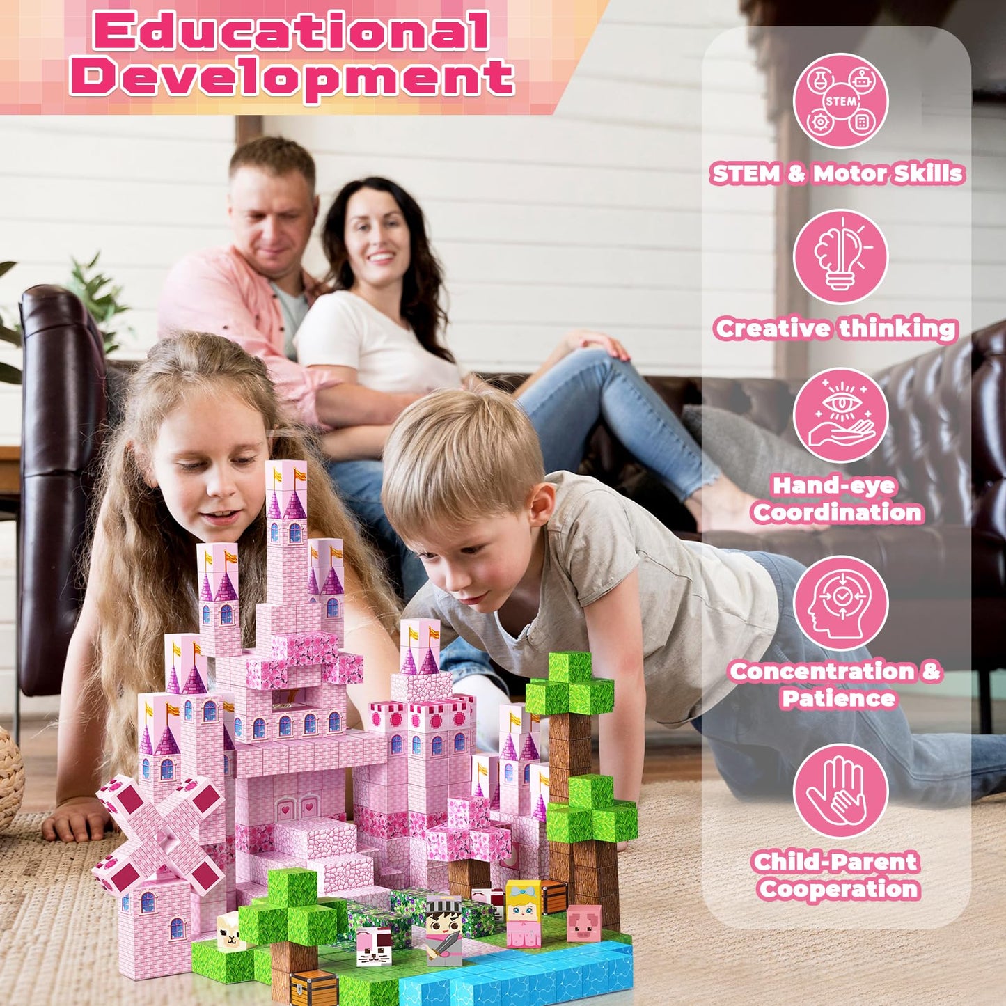 Magneverse Magnetic Blocks - 100-Piece Pink Princess Castle Set for Kids