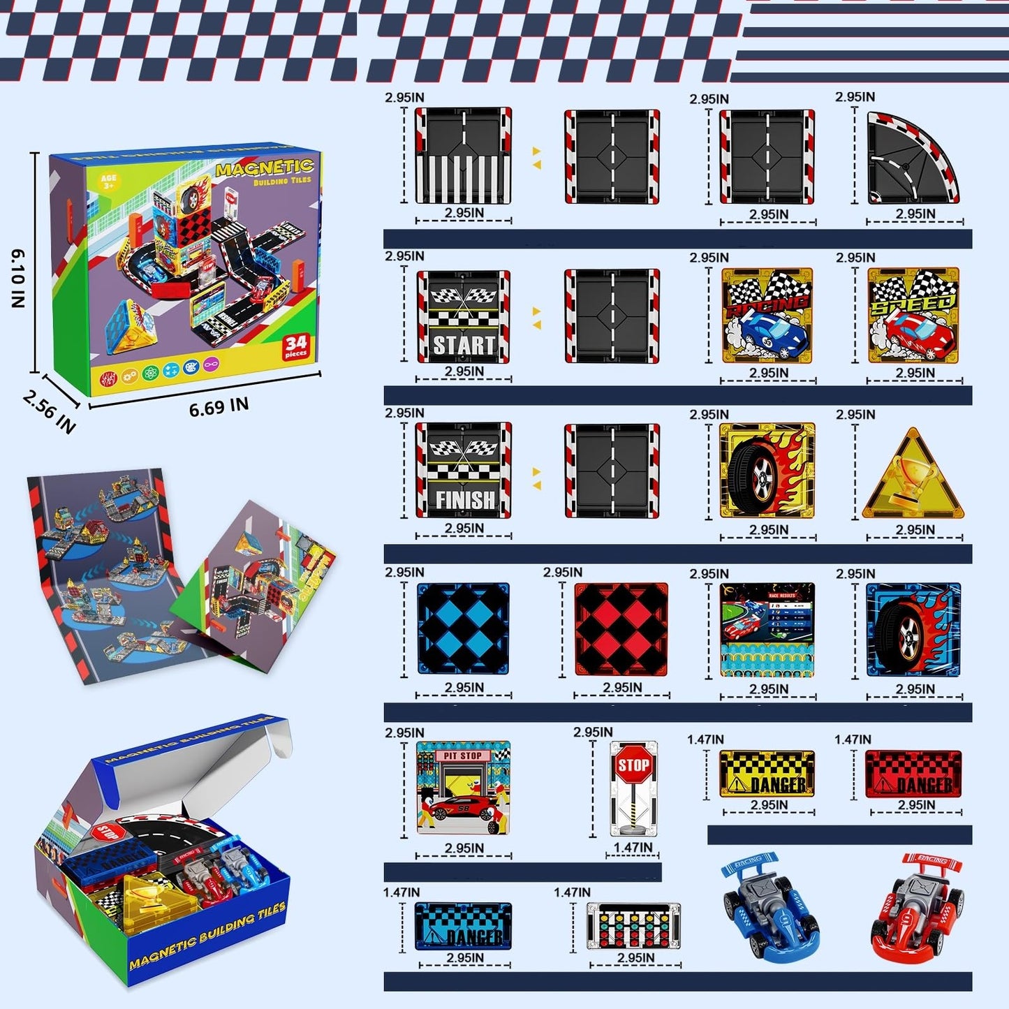 Magneverse Magnetic Tiles Road Set – Race Track with 2 Cars | STEM Toy for Kids 3+