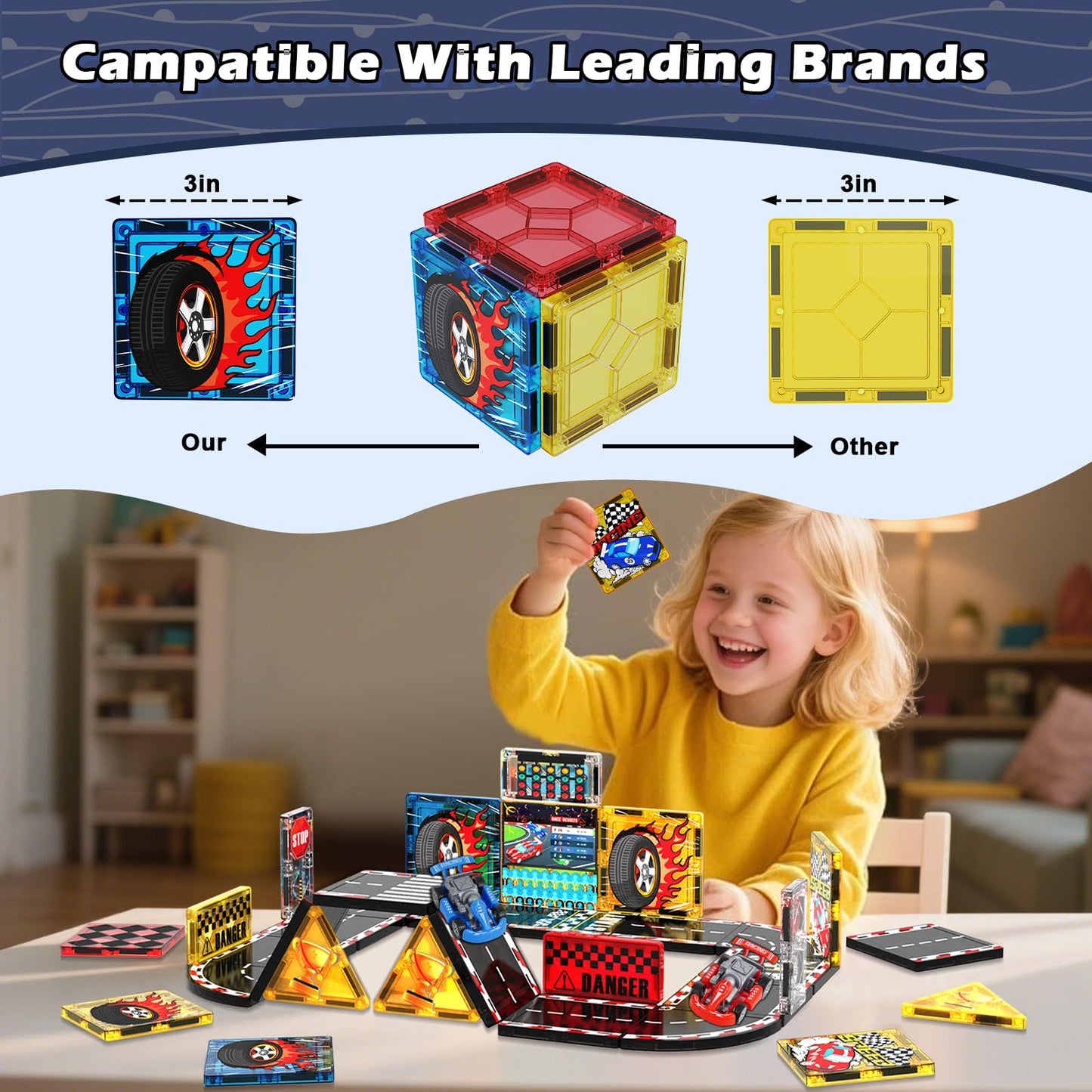 Magneverse Magnetic Tiles Road Set – Race Track with 2 Cars | STEM Toy for Kids 3+