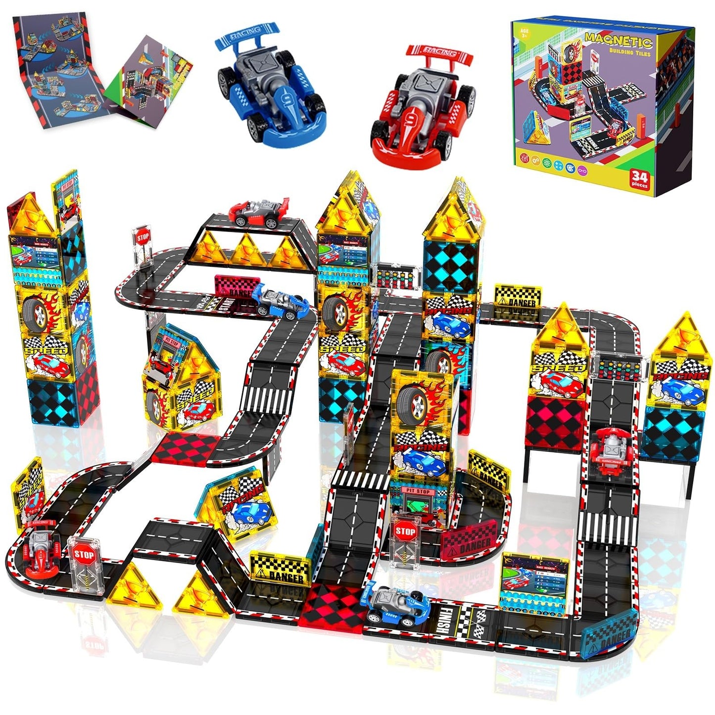 Magneverse Magnetic Tiles Road Set – Race Track with 2 Cars | STEM Toy for Kids 3+