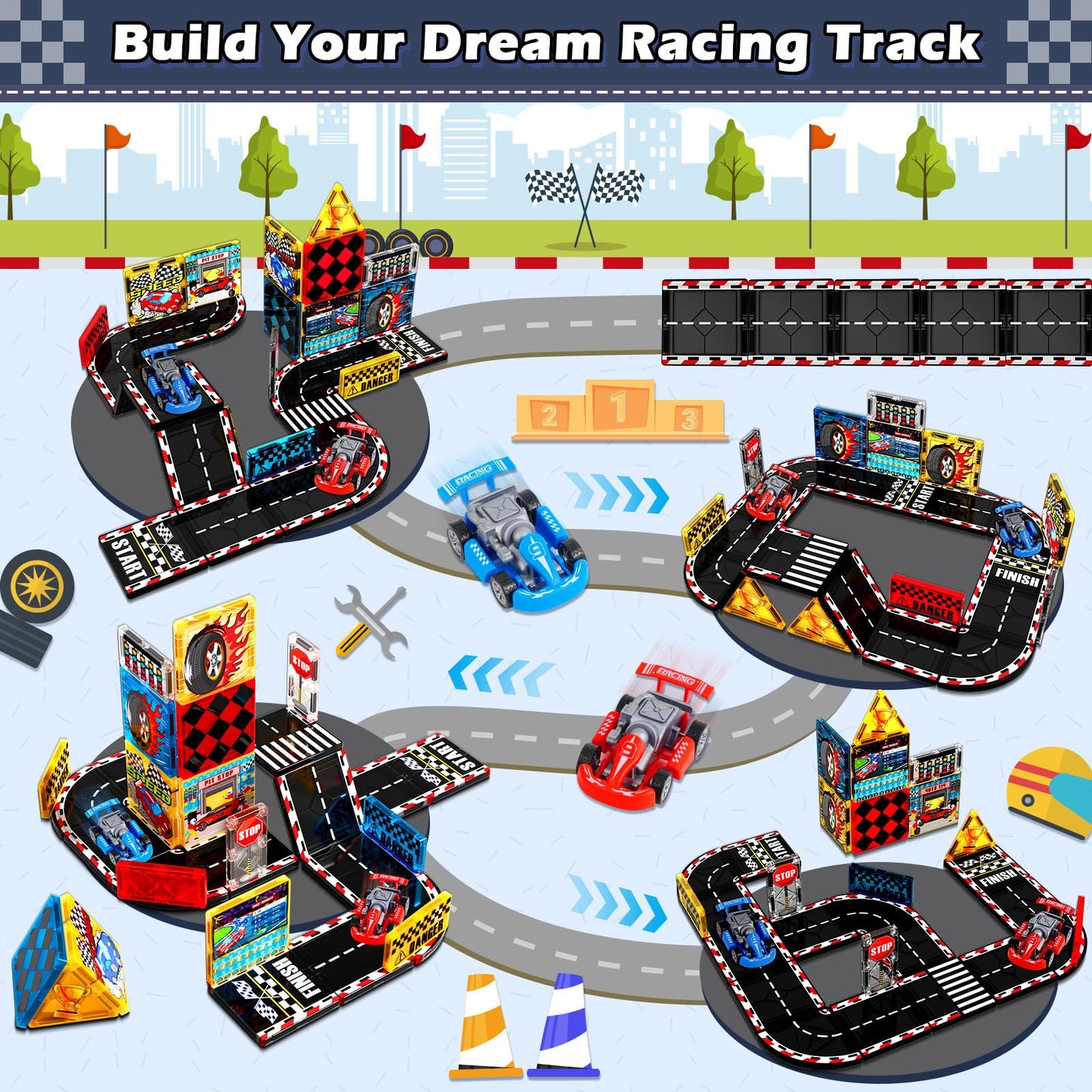 Magneverse Magnetic Tiles Road Set – Race Track with 2 Cars | STEM Toy for Kids 3+