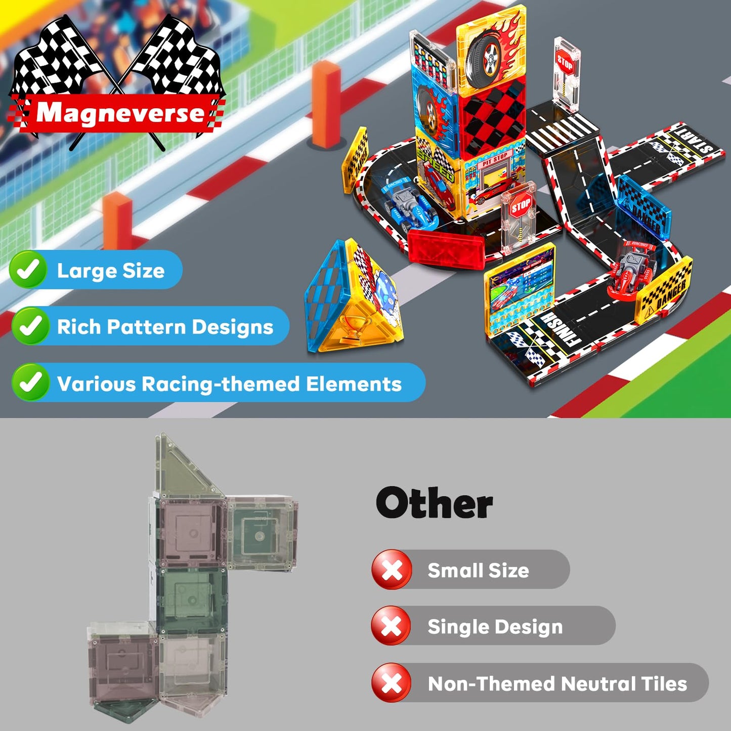 Magneverse Magnetic Tiles Road Set – Race Track with 2 Cars | STEM Toy for Kids 3+