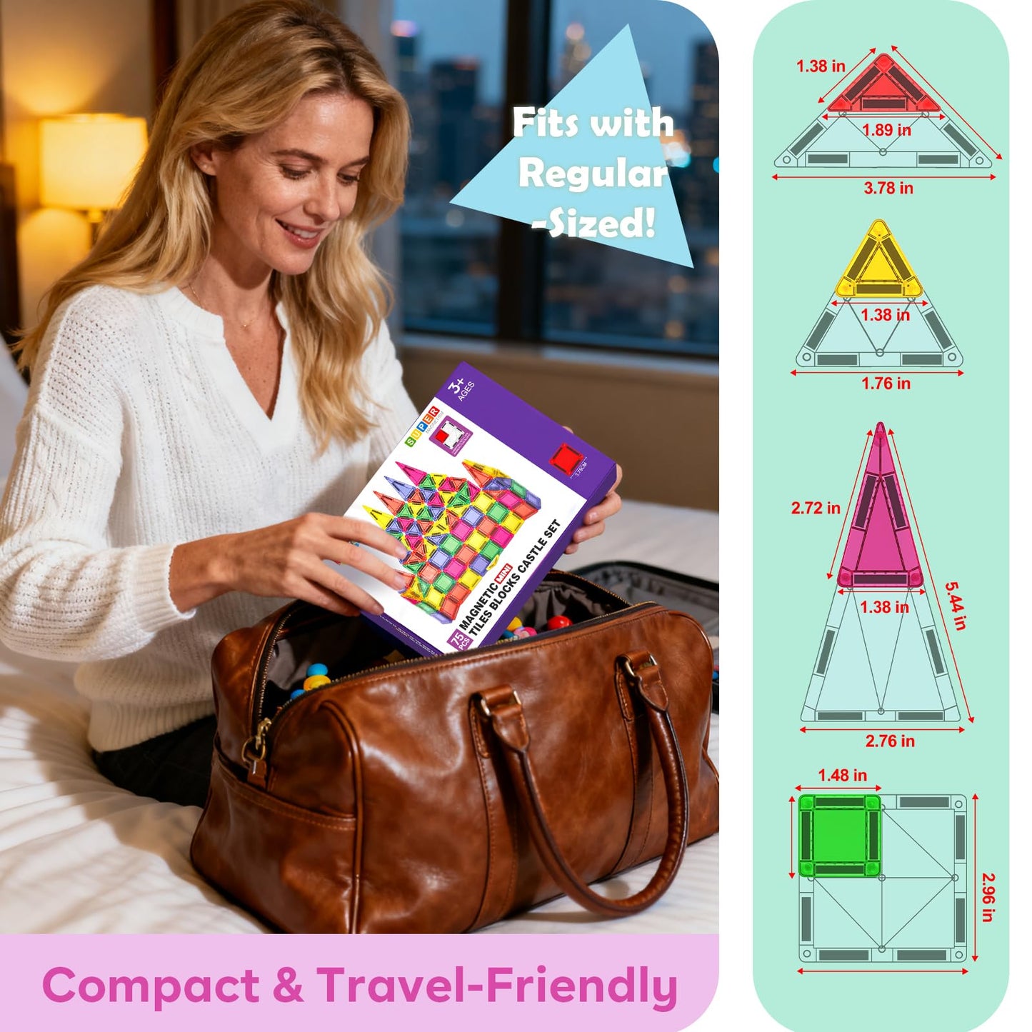 Magneverse Mini Magnetic Tiles – 75 PCS Travel STEM Building Set for Kids 3+