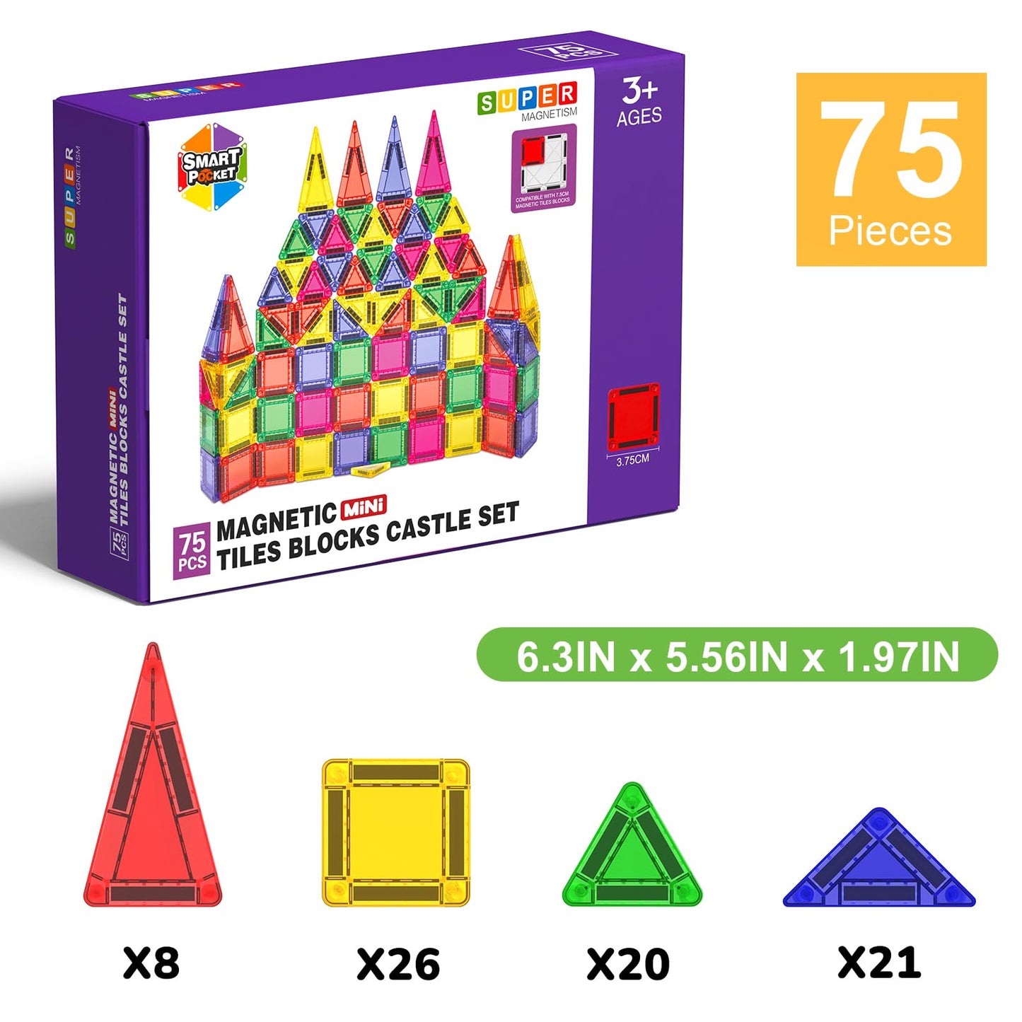 Magneverse Mini Magnetic Tiles – 75 PCS Travel STEM Building Set for Kids 3+