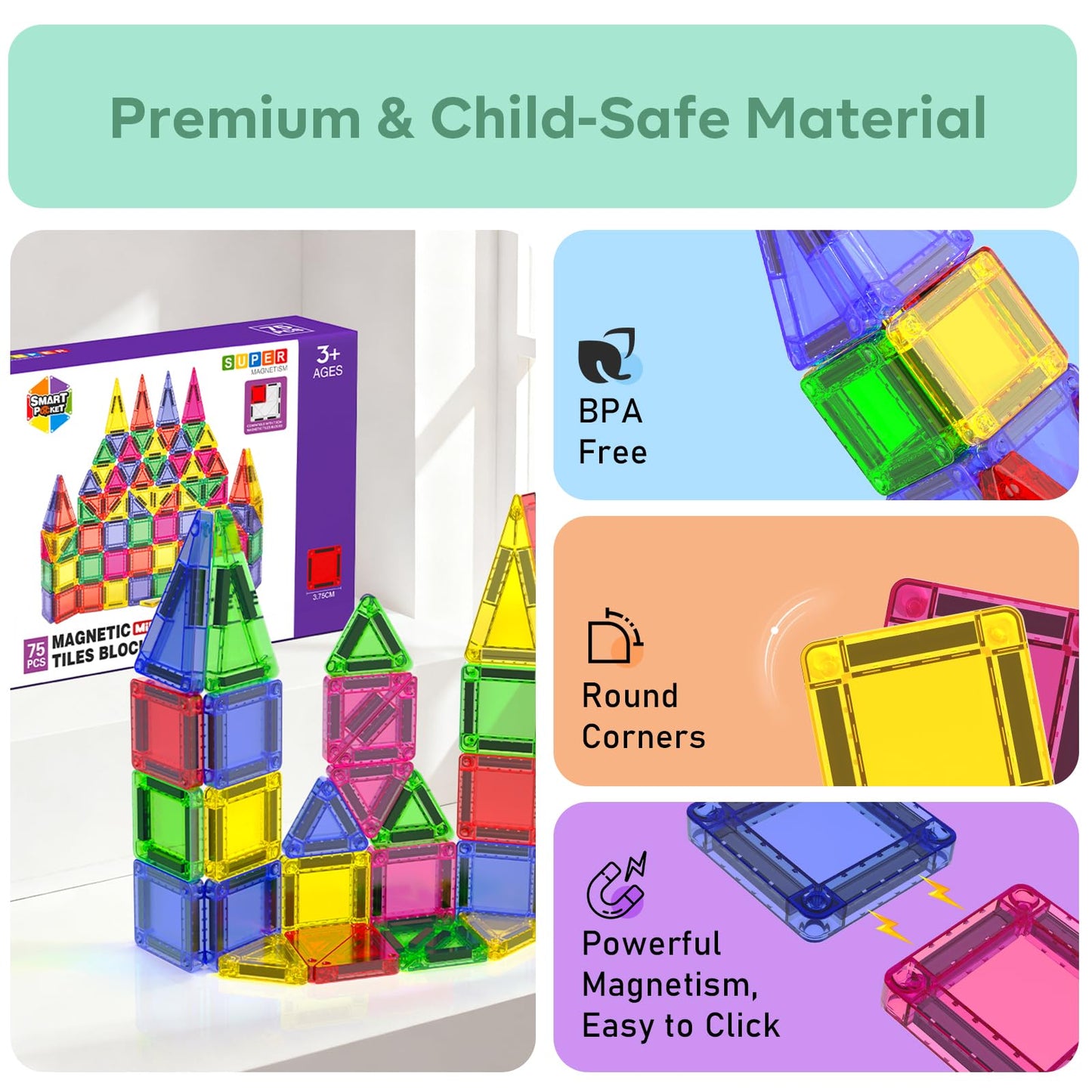 Magneverse Mini Magnetic Tiles – 75 PCS Travel STEM Building Set for Kids 3+