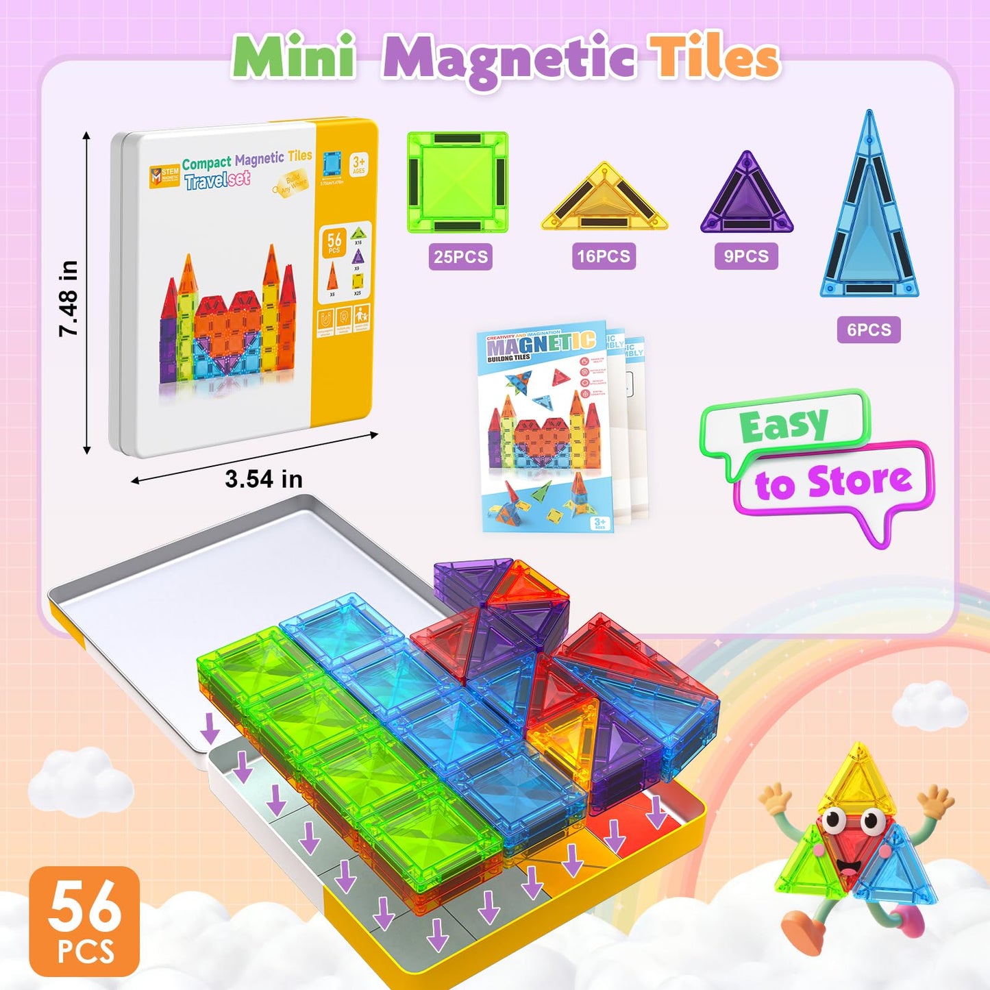 Magneverse Mini Magnetic Tiles – 56-Piece Travel Set for Kids Aged 3-8