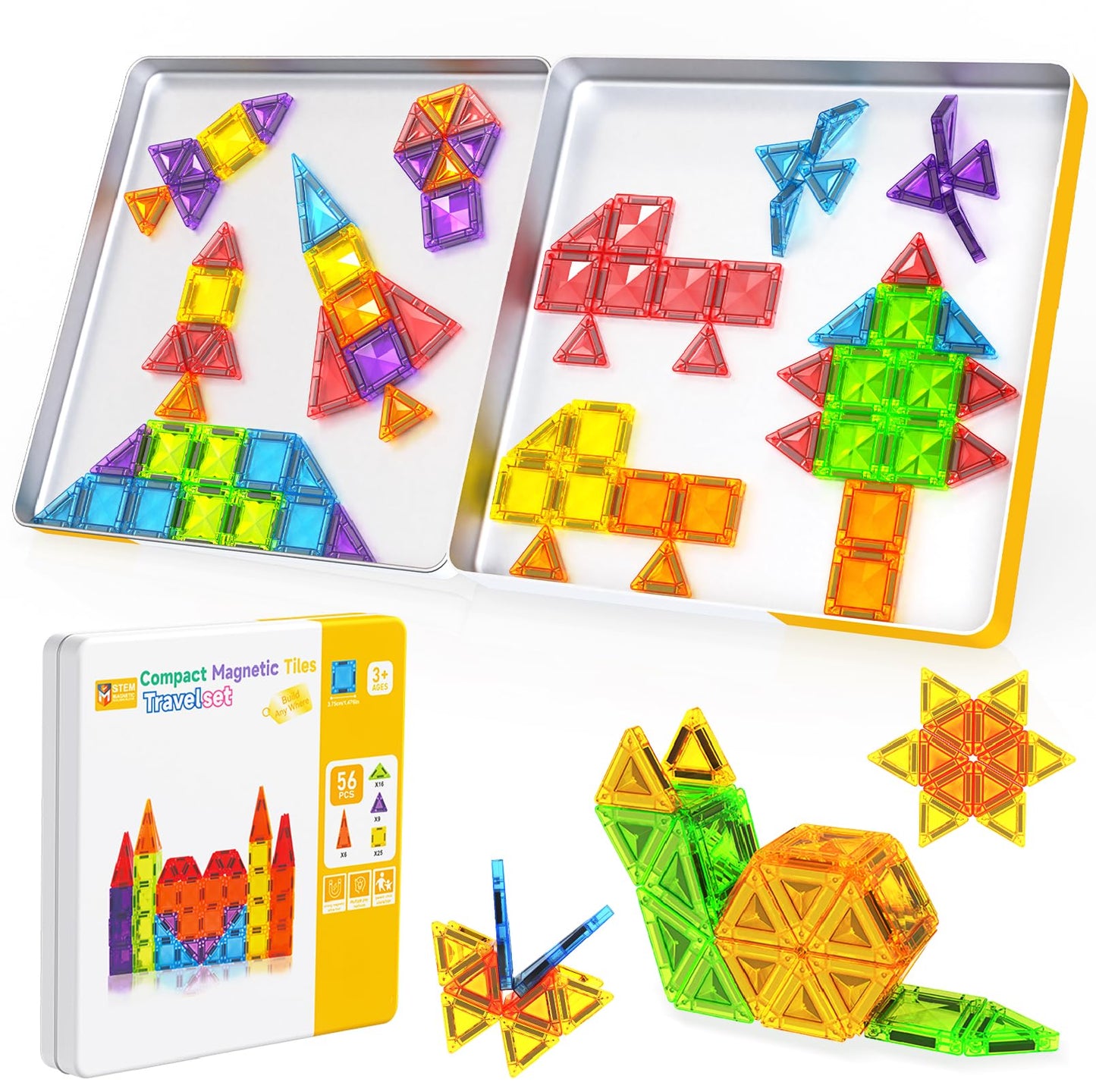 Magneverse Mini Magnetic Tiles – 56-Piece Travel Set for Kids Aged 3-8