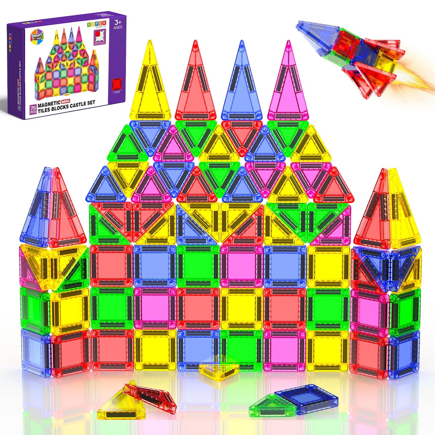 Magneverse Mini Magnetic Tiles – 75 PCS Travel STEM Building Set for Kids 3+