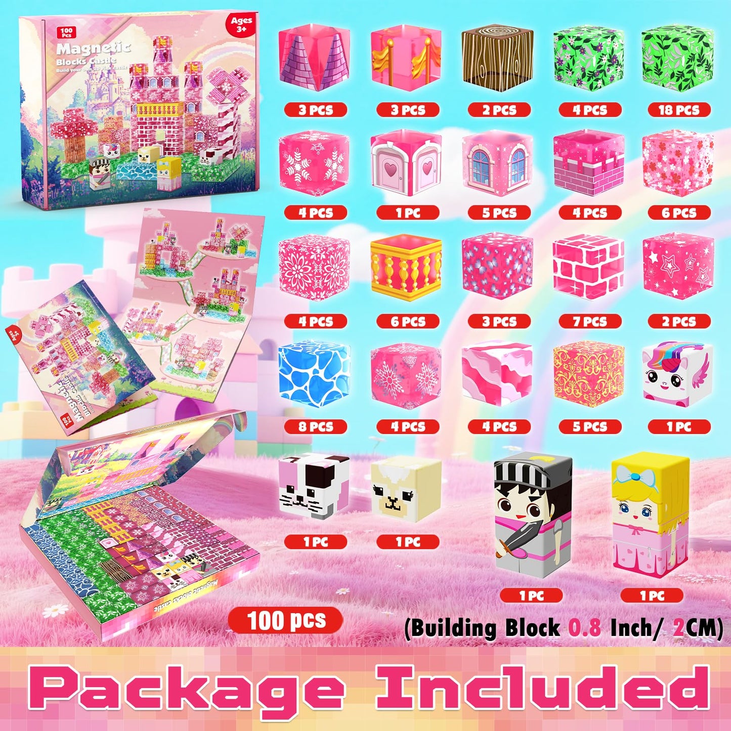 Magneverse Magnetic Blocks - 100 PCS Transparent Pink Castle for Kids