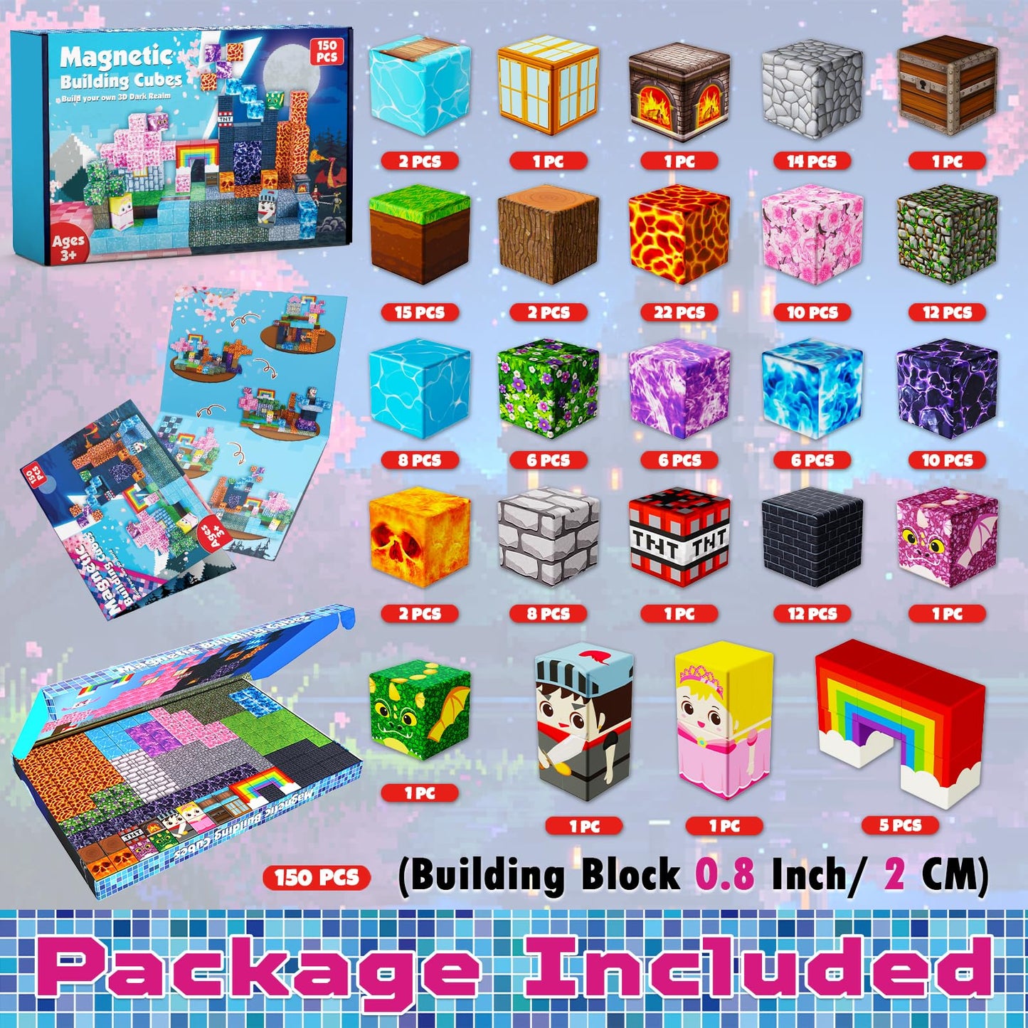Magneverse 150 PCS 0.8in Magnetic Blocks – Princess & Knight Theme, Building Toys for Kids 3+