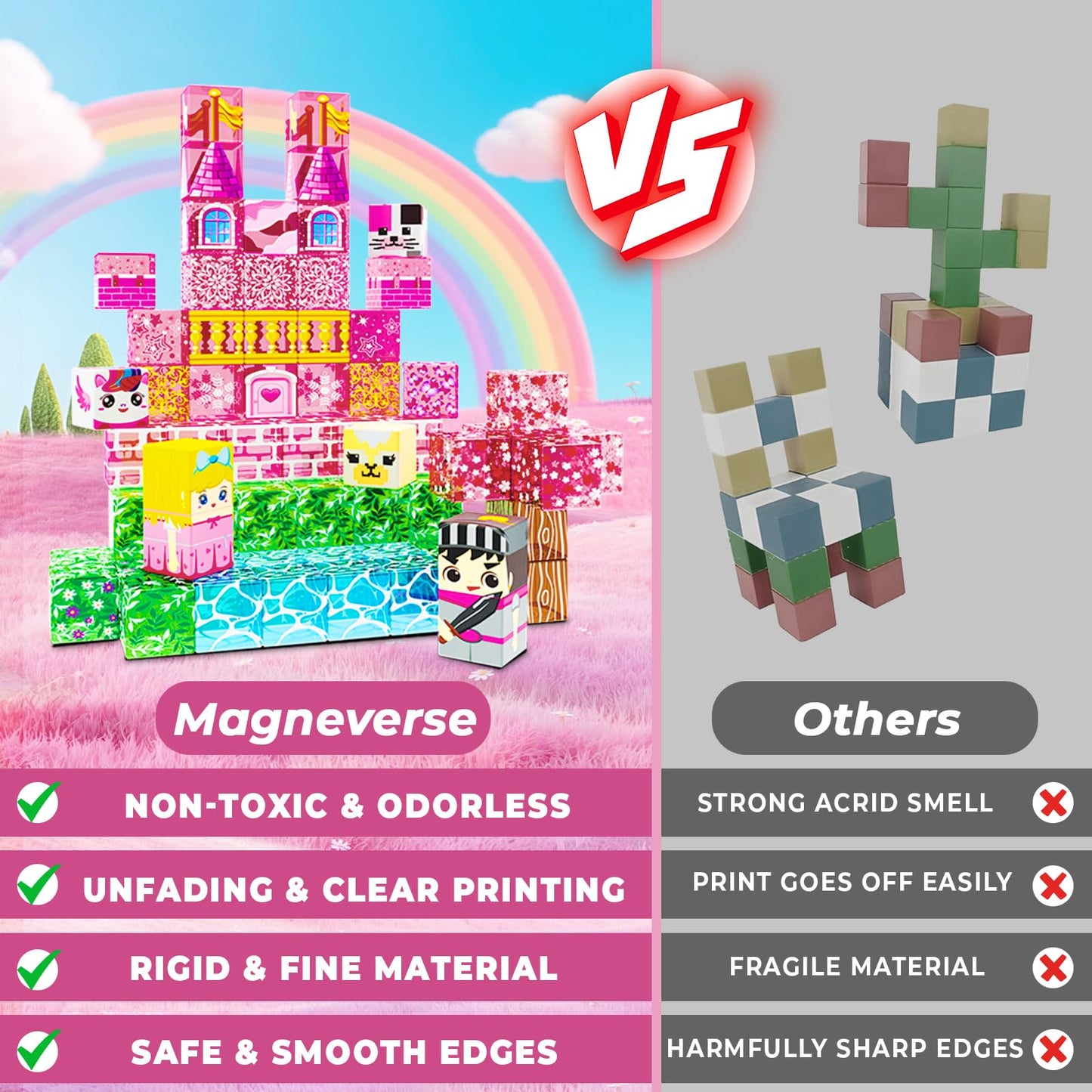Magneverse Magnetic Blocks - 100 PCS Transparent Pink Castle for Kids