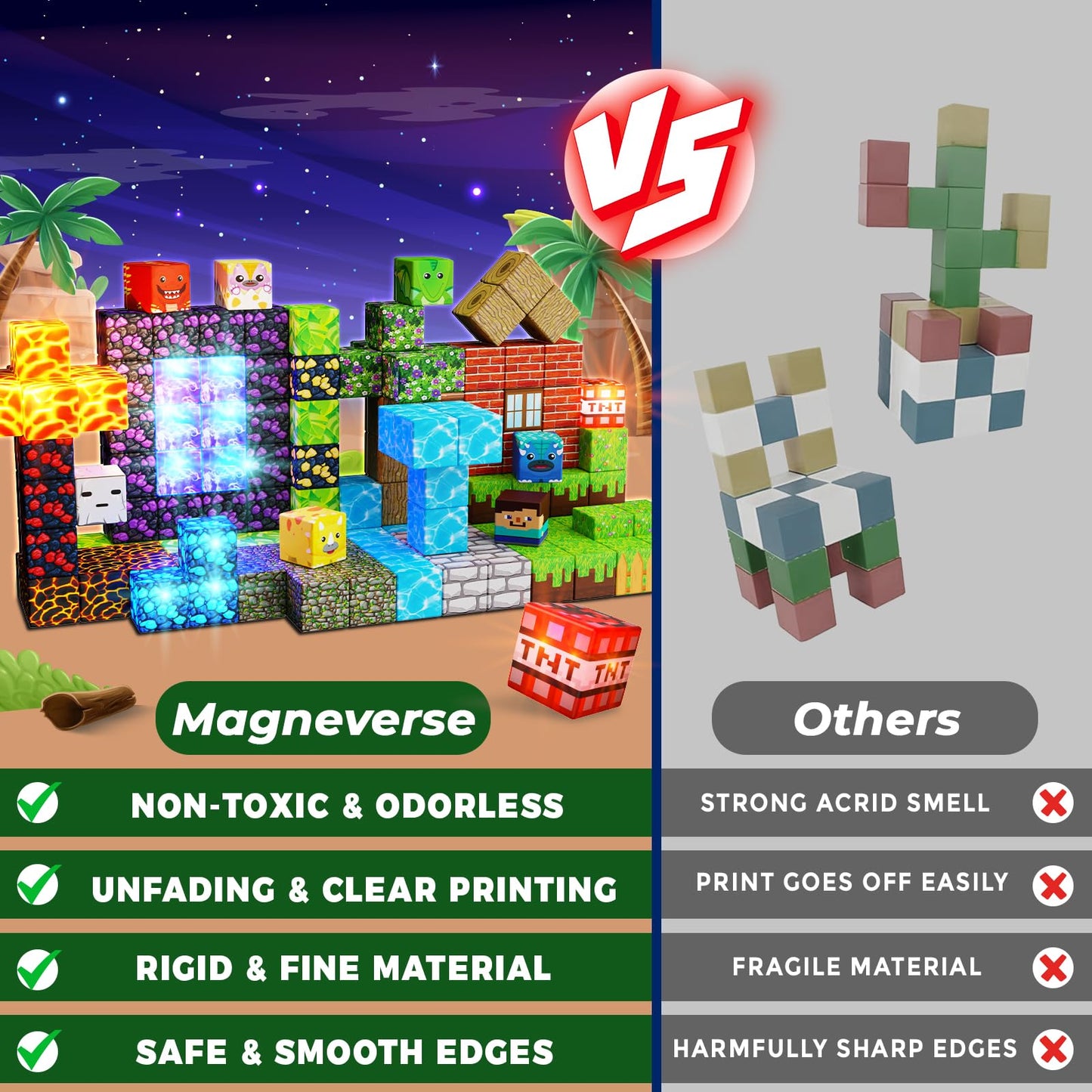 Magneverse 150 Pcs 0.8in Magnetic Blocks with 24 Light Blocks | Creative Magnetic Building Toys for Kids 3+