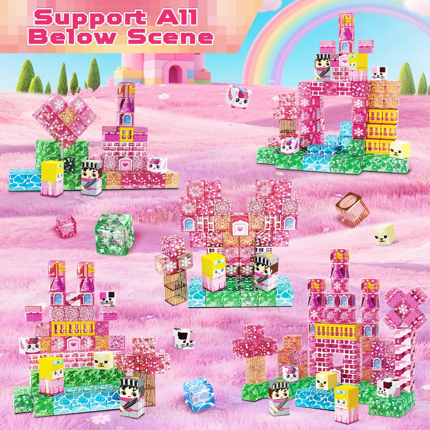 Magneverse Magnetic Blocks - 100 PCS Transparent Pink Castle for Kids