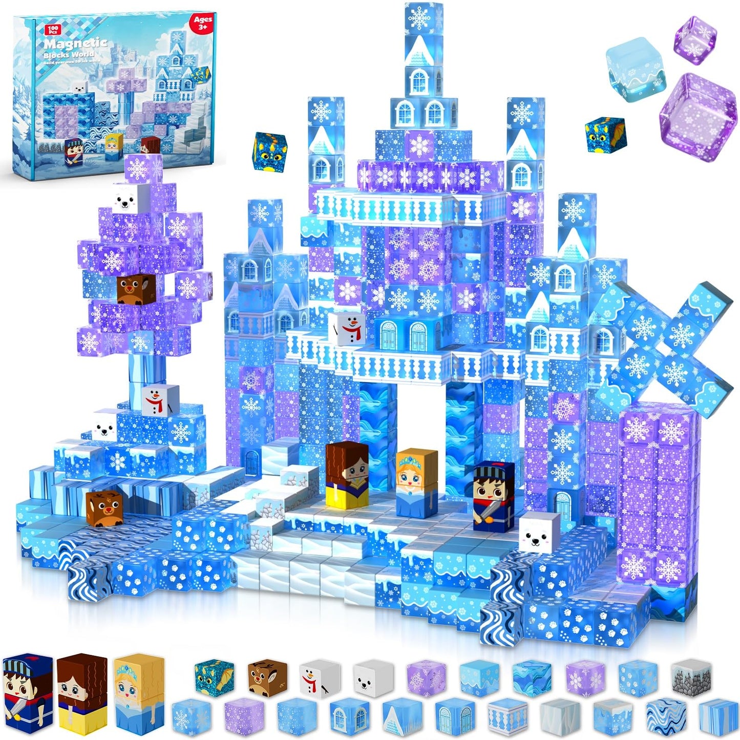 Magneverse Magnetic Blocks - 100Pcs 0.8in for Kids 4-8 | Transparent Ice Castle