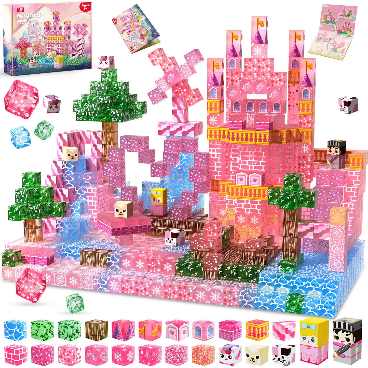 Magneverse Magnetic Blocks - 100 PCS Transparent Pink Castle for Kids