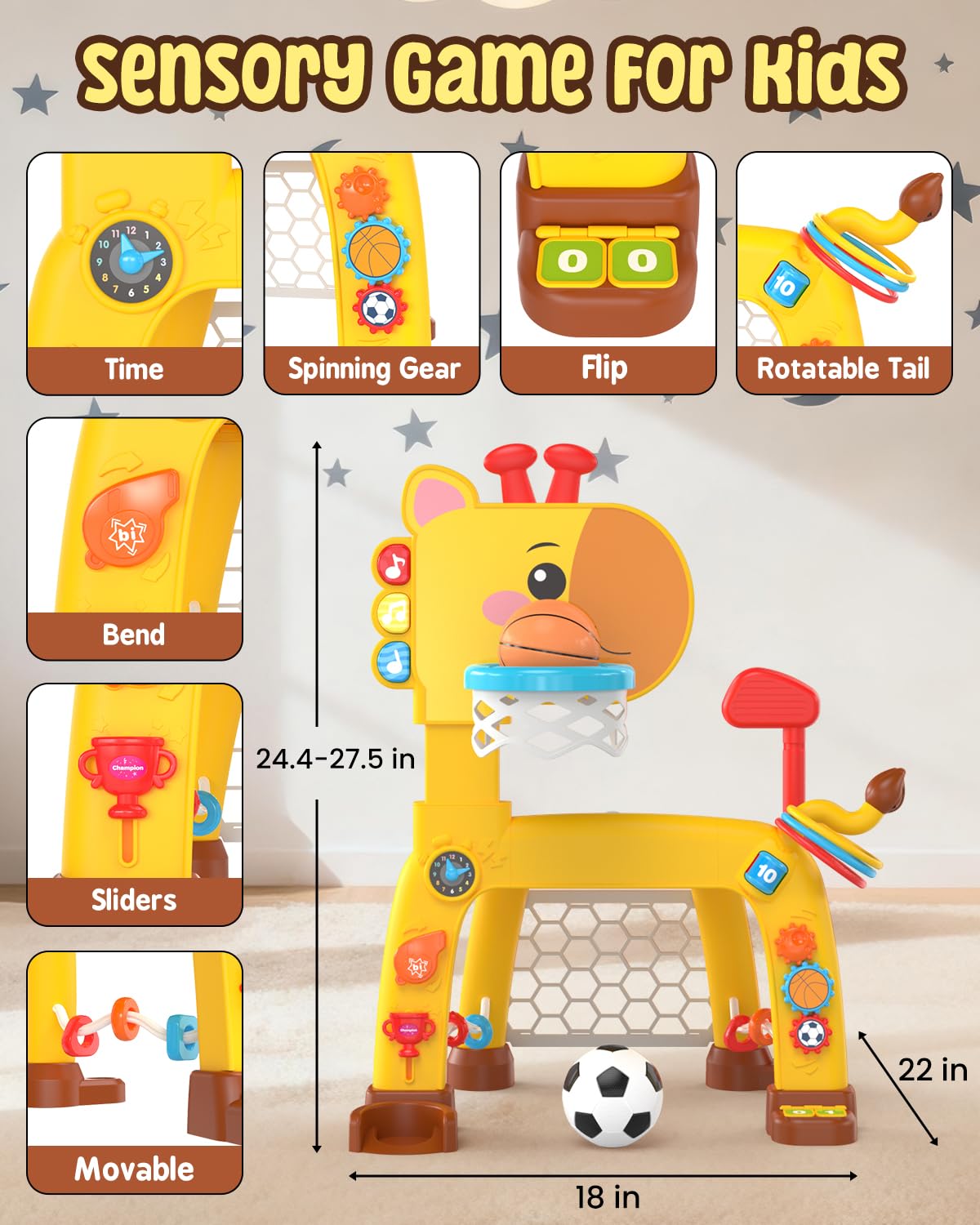 MAGTHIC 4-in-1 Toddler Sports Playset – Giraffe Activity Center for 1-3 Years (Yellow)