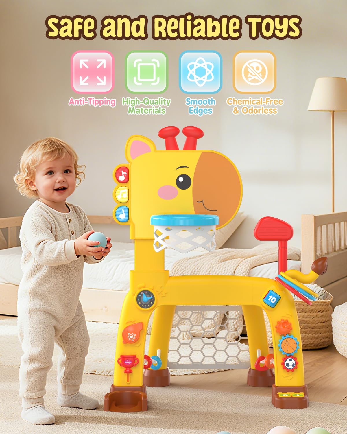 MAGTHIC 4-in-1 Toddler Sports Playset – Giraffe Activity Center for 1-3 Years (Yellow)