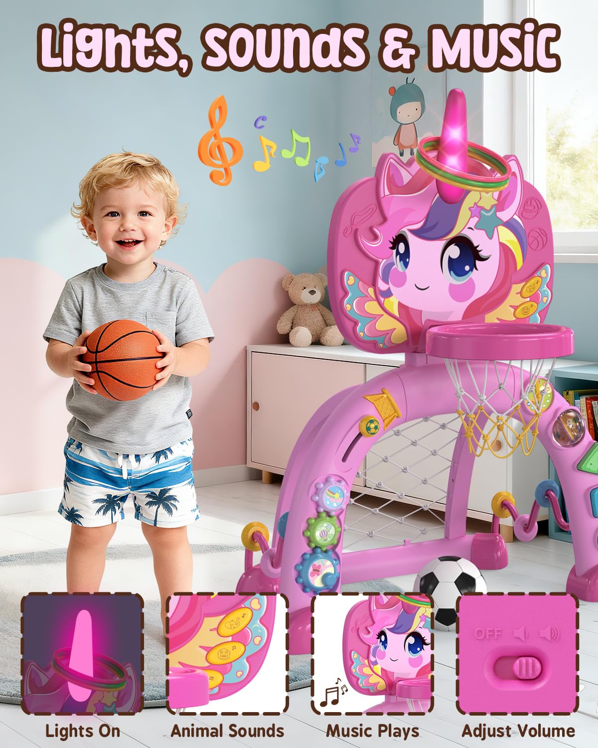 MAGTHIC Toddler 3-in-1 Unicorn Basketball Hoop & Soccer Goal – Lights, Sounds & Learning (Ages 12-18 Months)