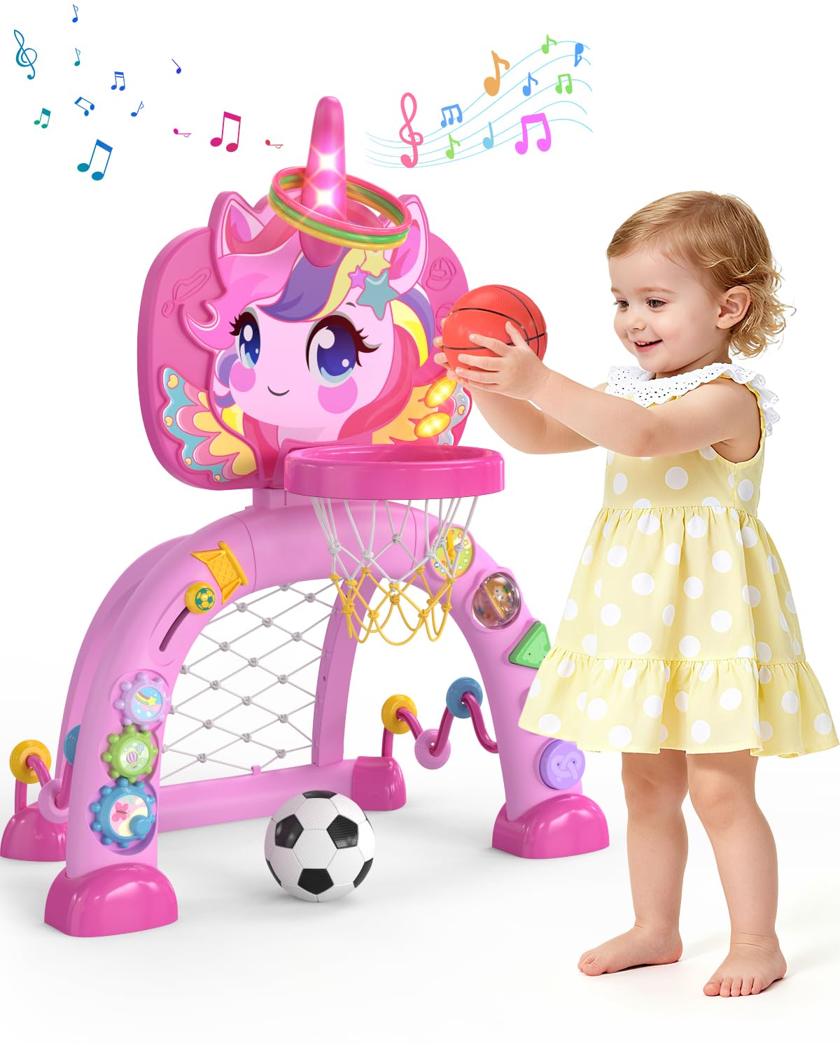 MAGTHIC Toddler 3-in-1 Unicorn Basketball Hoop & Soccer Goal – Lights, Sounds & Learning (Ages 12-18 Months)