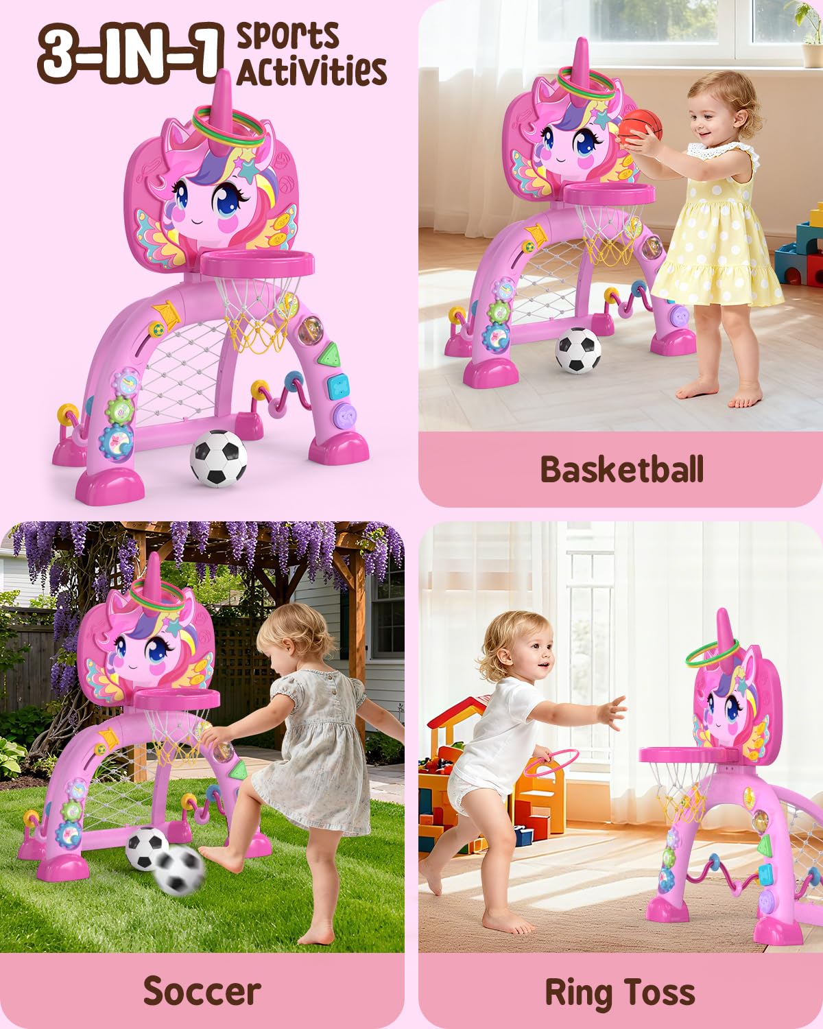 MAGTHIC Toddler 3-in-1 Unicorn Basketball Hoop & Soccer Goal – Lights, Sounds & Learning (Ages 12-18 Months)