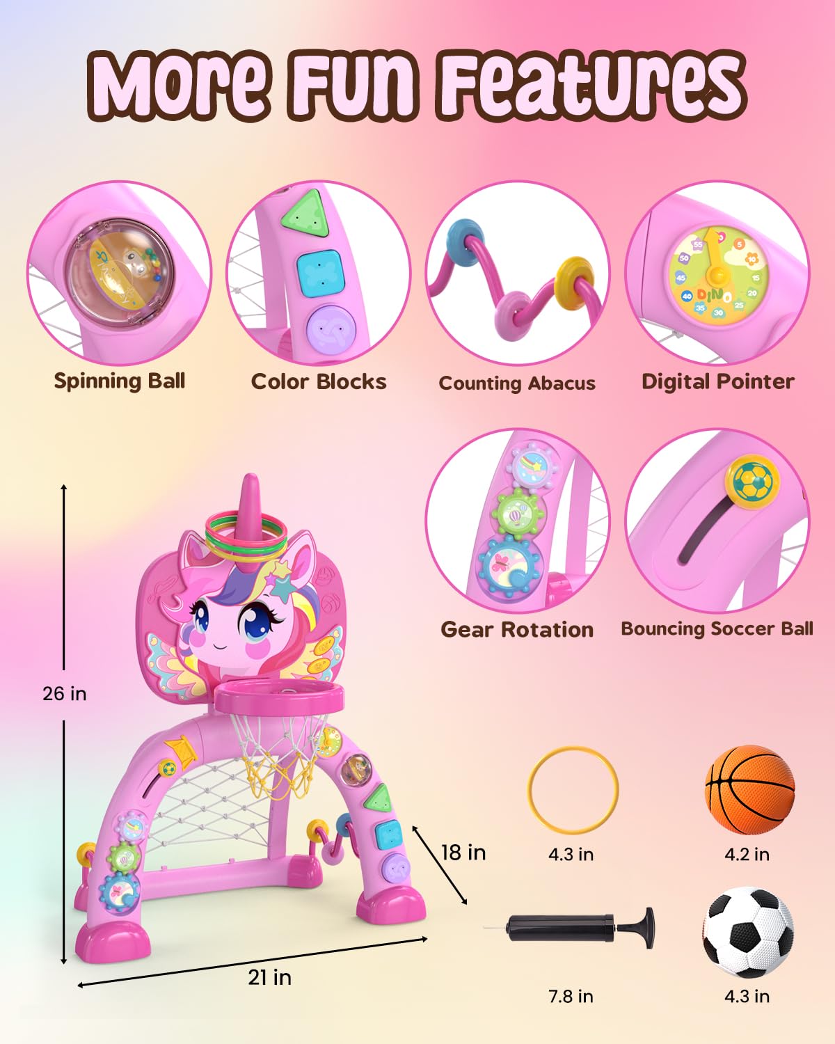 MAGTHIC Toddler 3-in-1 Unicorn Basketball Hoop & Soccer Goal – Lights, Sounds & Learning (Ages 12-18 Months)