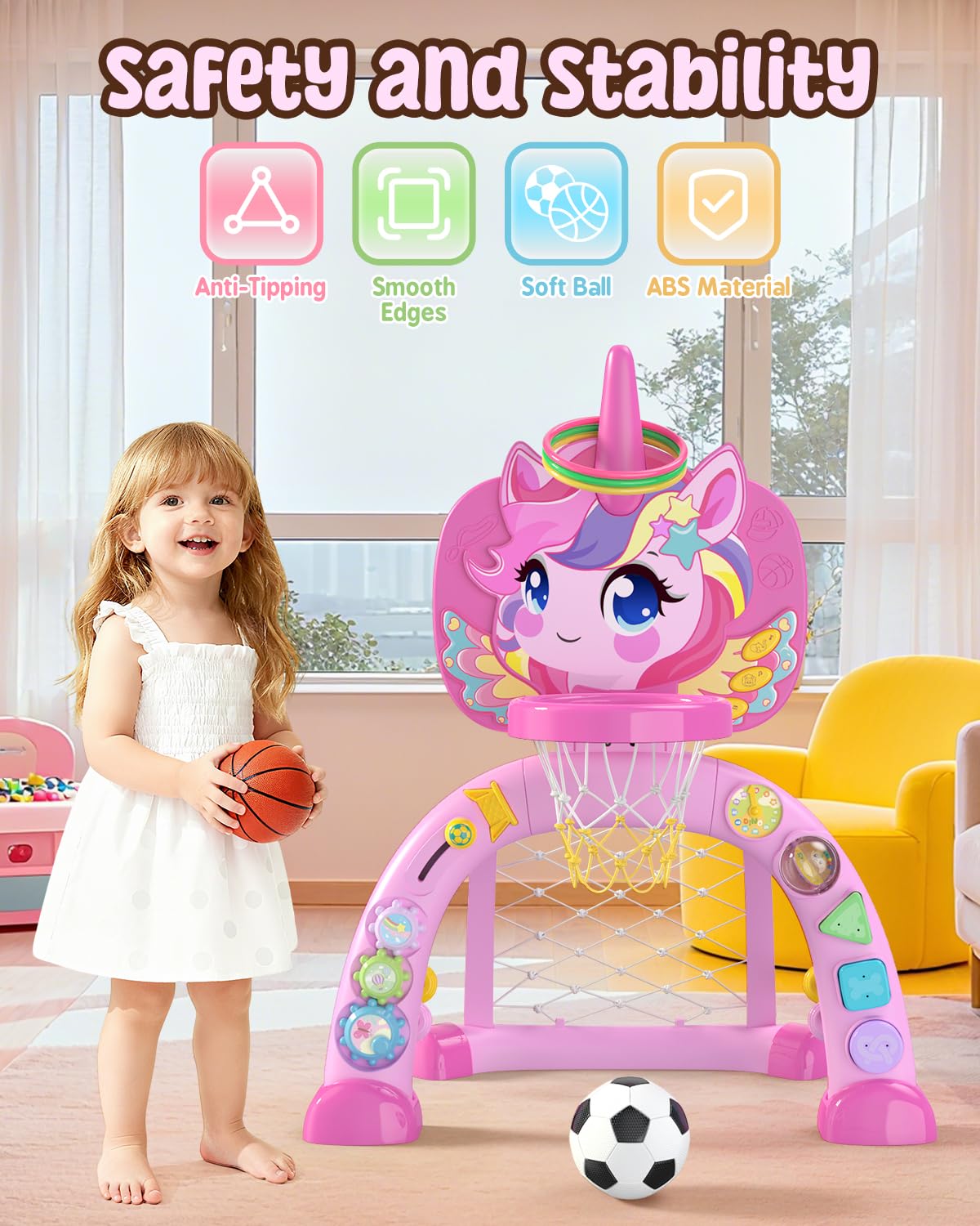 MAGTHIC Toddler 3-in-1 Unicorn Basketball Hoop & Soccer Goal – Lights, Sounds & Learning (Ages 12-18 Months)