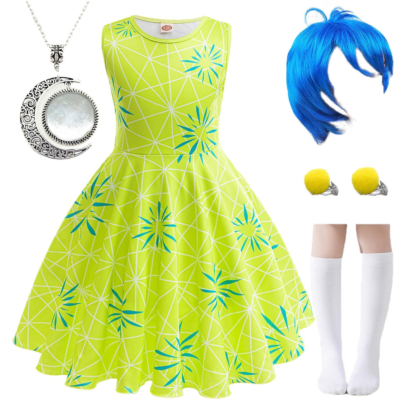 Magwei Girls Disgust Costume: Joy Princess Dress with Wig, Light Green, 9-10