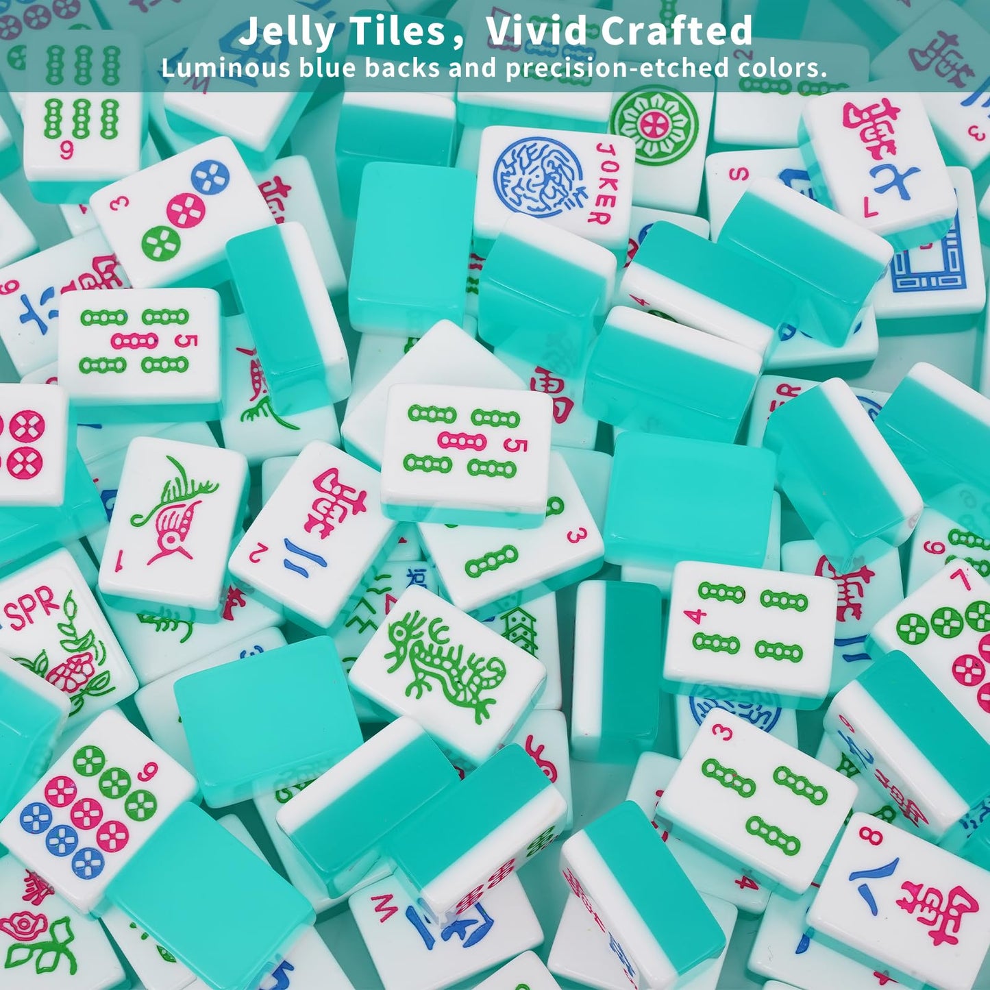 Mahjoy Mahjong Tile Set – Turquoise Blue, 166 Acrylic Tiles + 2 Dice (American Mahjong)