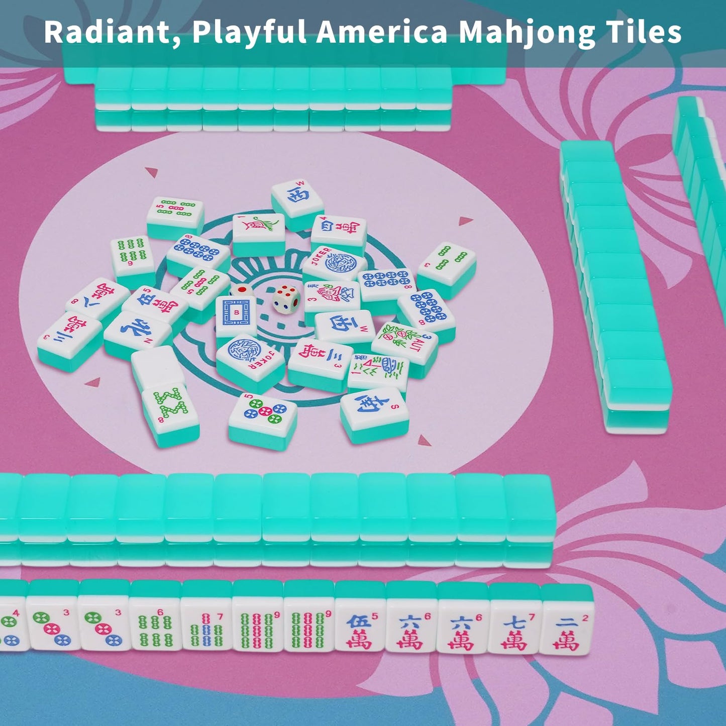 Mahjoy Mahjong Tile Set – Turquoise Blue, 166 Acrylic Tiles + 2 Dice (American Mahjong)