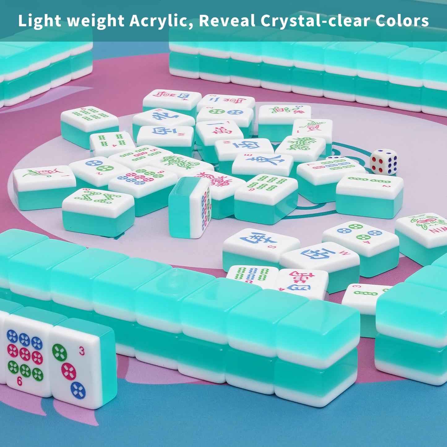 Mahjoy Mahjong Tile Set – Turquoise Blue, 166 Acrylic Tiles + 2 Dice (American Mahjong)