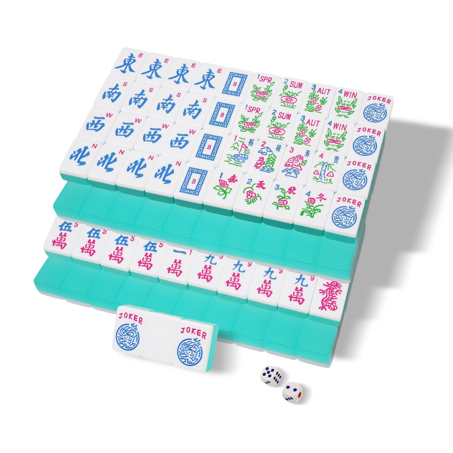 Mahjoy Mahjong Tile Set – Turquoise Blue, 166 Acrylic Tiles + 2 Dice (American Mahjong)
