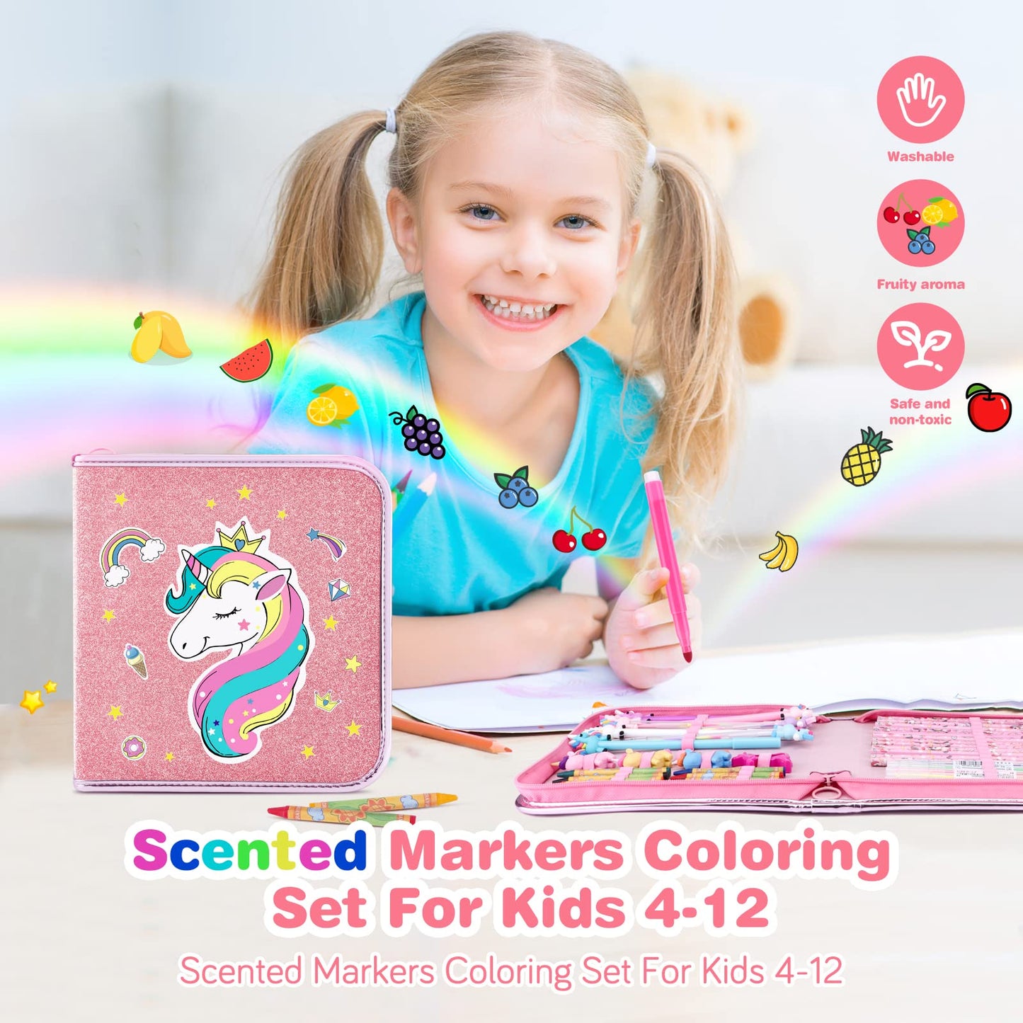 MAIGOZON 53-Piece Fruit Scented Markers Set with Unicorn Case – Kids Art Supplies for Ages 4-8