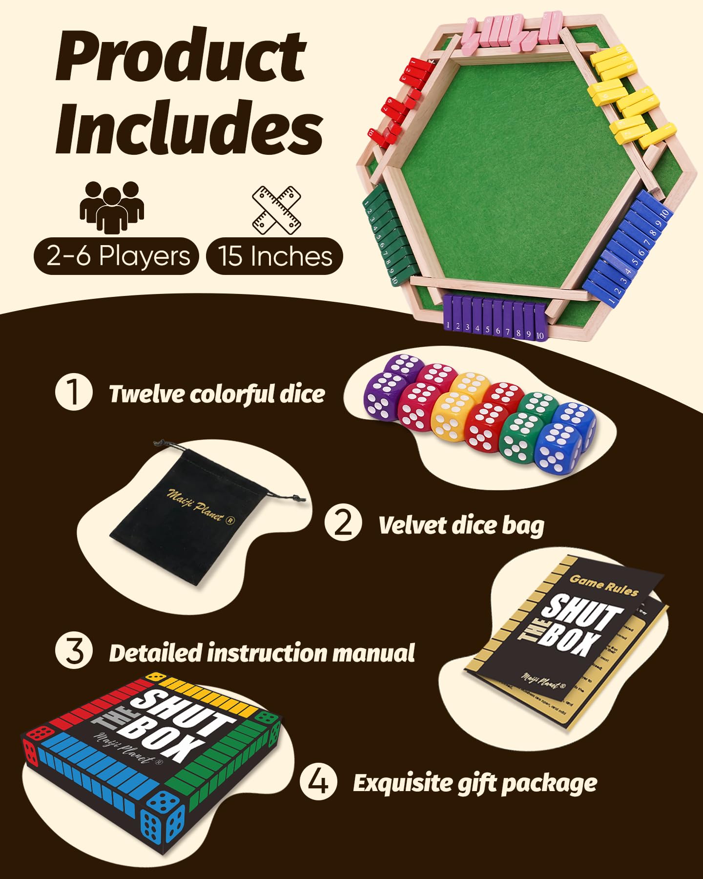 Maiji Planet Original Classic Shut The Box – 2-6 Players | Family Math Dice Game