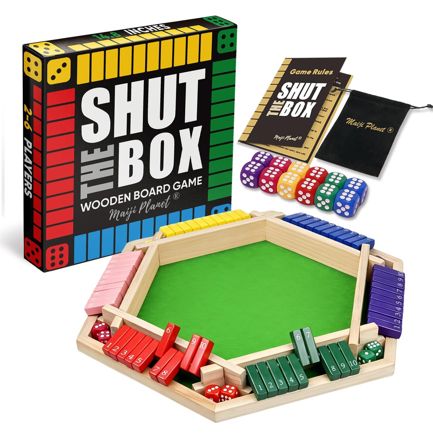 Maiji Planet Original Classic Shut The Box – 2-6 Players | Family Math Dice Game