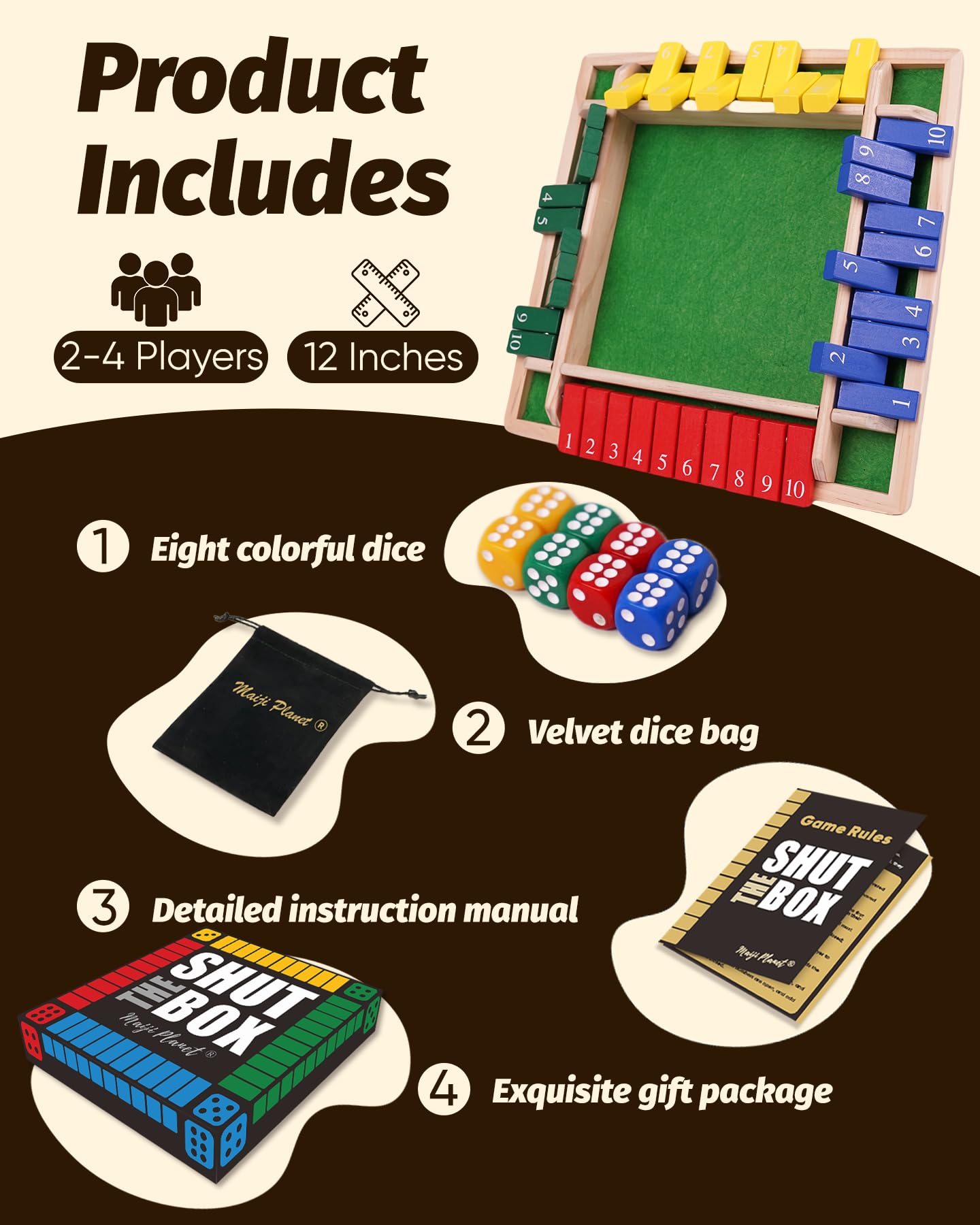 Maiji Planet 12-Inch Upgraded Shut The Box Game – Family Math Dice Board for Home, Classroom, Travel | 2-4 Players
