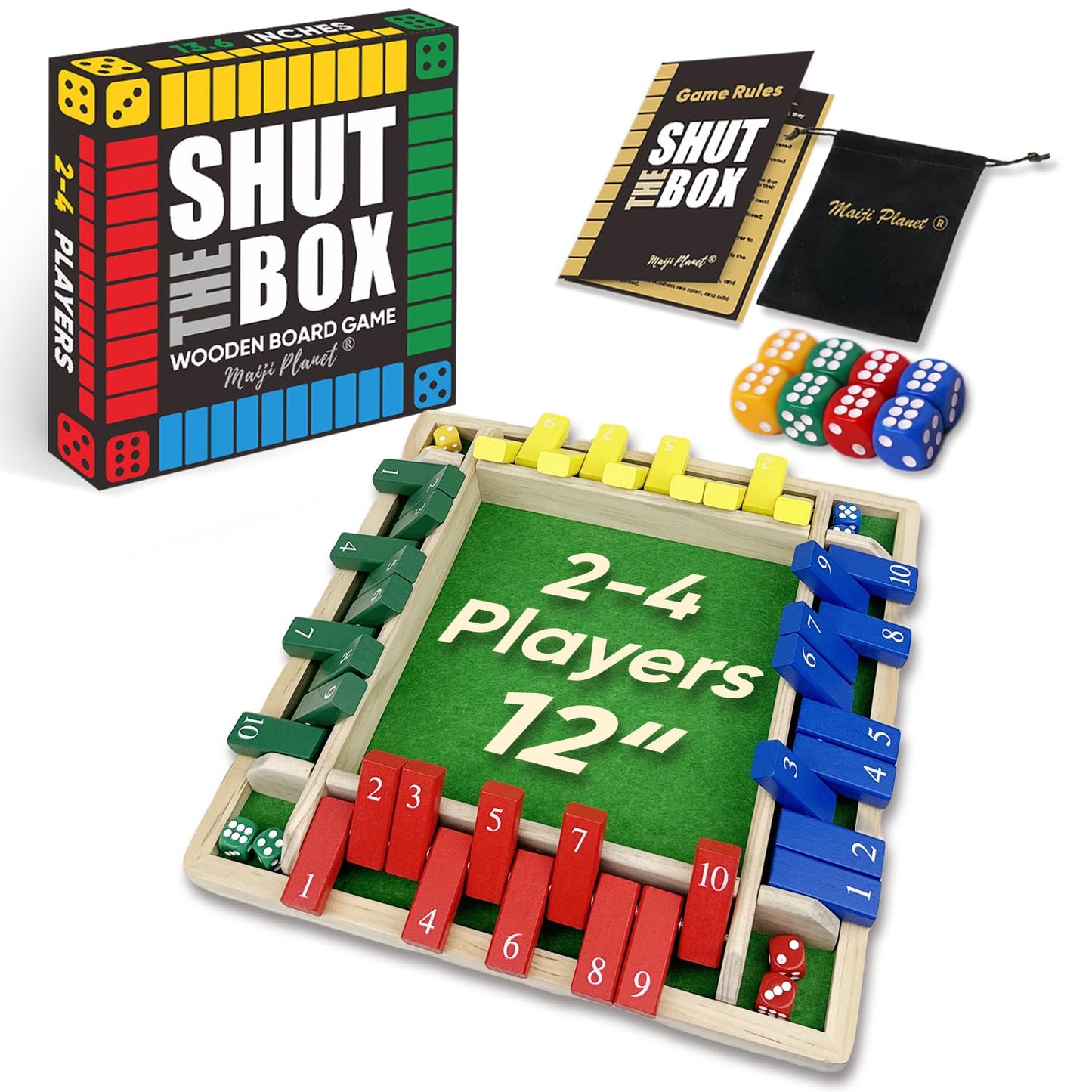 Maiji Planet 12-Inch Upgraded Shut The Box Game – Family Math Dice Board for Home, Classroom, Travel | 2-4 Players